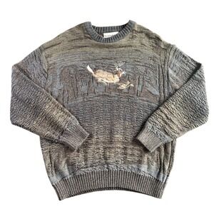Seventh Avenue Mens Vtg Textured 3D Knit Deer Sweater Earth Tones Large Hunter